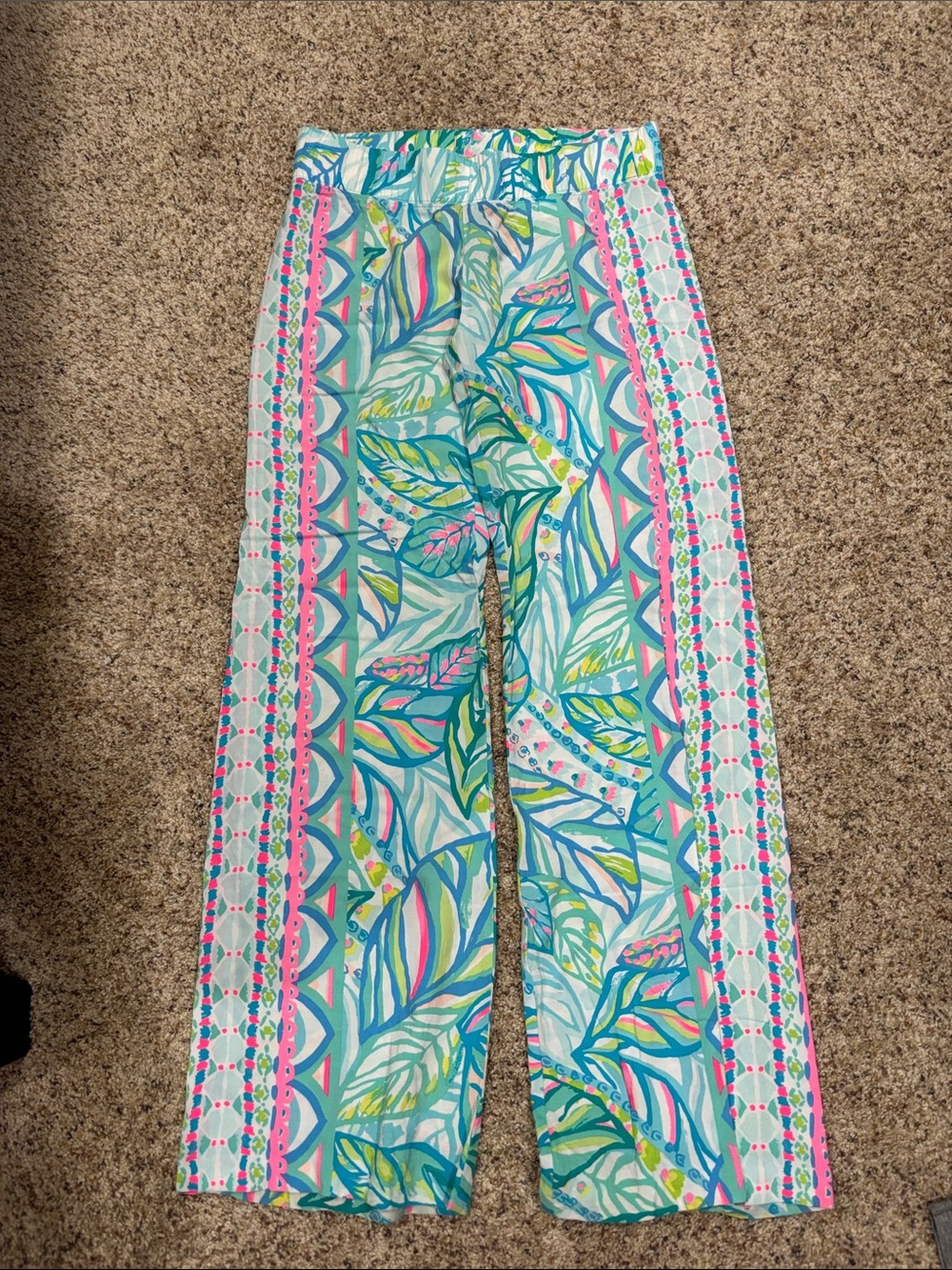Lilly Pulitzer Aqua, Pink & Green Wide-Leg Tropical Pants